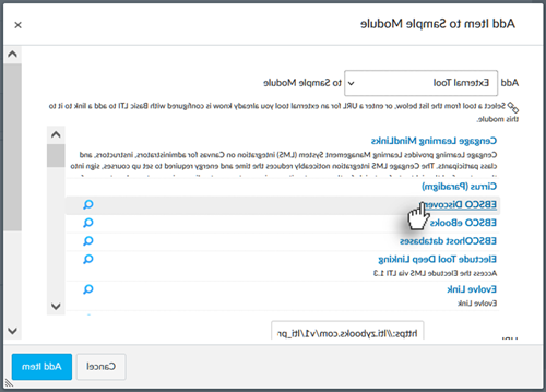 After selecting the external tool from the dropdown, 将出现一个链接列表，其中包含要添加的可用项, such as EBSCO databases and and electude. Navigate by Unvisited Links to reach this location.